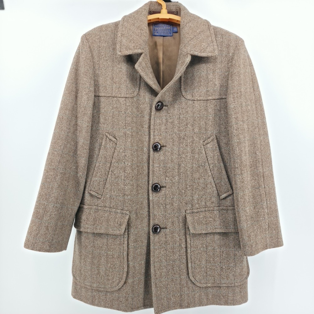 Pendleton 100% Virgin wool men's herringbone tweed Over Coat Brown Sz 40